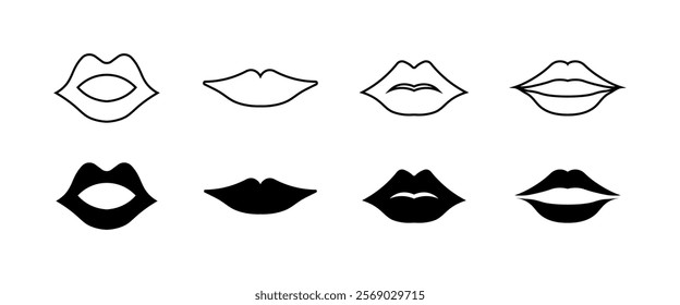 Lips set icons. Lipstick icons. Linear and silhouette style. Vector icons.