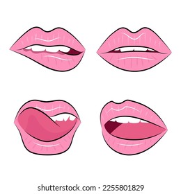 Lips. A set of illustrations of pink lips expressing different emotions. Female lips in cartoon style, smile and sensual lips, kiss and tongue on a white background.