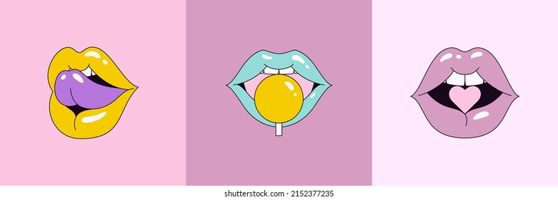 Lips Set in Pop Art 90's Style. Vector Illustration Women's Mouths in Different Emotions for Stickers, Logos, Prints, Patches and Social Media in Colorful Pink Background