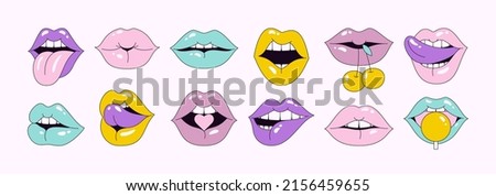 Lips Set in Pop Art 90's Style. Vector Illustration Women's Mouths in Different Emotions for Stickers, Logos, Prints, Patches and Social Media in Pink Background