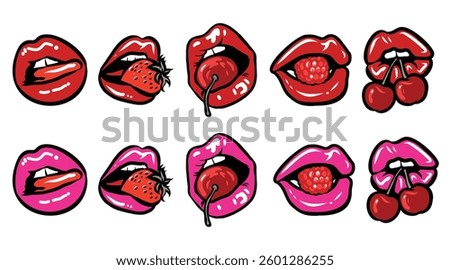 Lips Set in Pop Art. Vector Illustration Berry and Women's Mouths