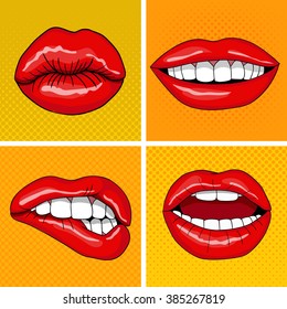 Lips Set in Retro Pop Art Style. Vector illustration