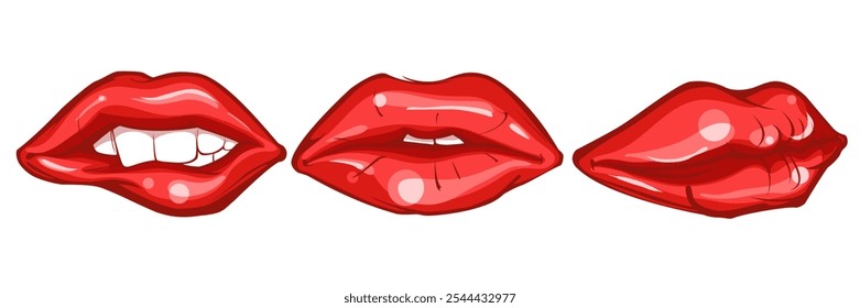 Lippenset. Glanz glänzend sexy Pout Lippe in rotem Lippenstift, Lächeln geschlossen offenen Frauenmund. Weiblicher Kuss Glamour Mädchen kosmetische Make-up Cartoon geniale Vektorgrafik von Schönheit Lippe Plump