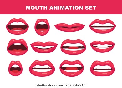 lips set vector design. mouth animation set. Lip movement. Various open mouth options with lips, tongue and teeth. Isolated vector illustration
