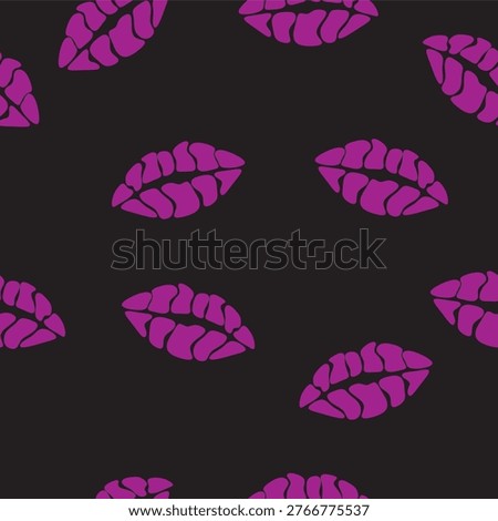 lips set. vector illustration. seamless pattern with imprints of lips. pomade. purple and black background. girls and women. romance. Love. style. beauty and fashion