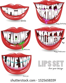Lips set for your design. Shining lips with different kind of signes inside shape: happy birthday, happy halloween, love you and sign of smile, welcome. Vector illustration.