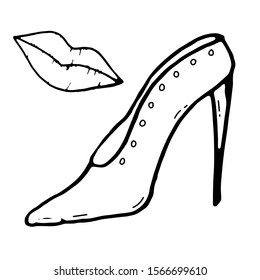 Lips, shoe fashion vector illustration. Beauty coloring cartoon set. Isolated doodle elements.  Woman style. Glamour brand beauty products.
