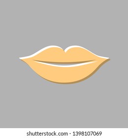 Lips sign illustration. Emboss effect with light orange icon on gray background.