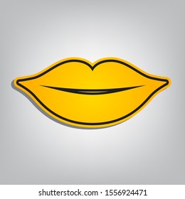 Lips sign illustration. Flat orange icon with overlapping linear black icon with gray shadow at whitish background. Illustration.