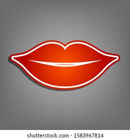 Lips sign illustration. Flat red icon with linear white icon with gray shadow at grayish background. Illustration.