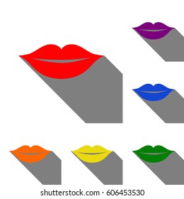 Lips sign illustration. Set of red, orange, yellow, green, blue and violet icons at white background with flat shadow.