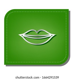 Ilustración del signo de los labios. Icono de línea de gradiente plateado con sombra verde oscuro en hoja verde con parches ecológicos. Ilustración.