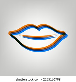 Ilustración de signo de los labios. Icono marcado en colores naranja, azul y lavanda antigua en fondo gris. Ilustración.