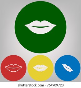 Lips sign illustration. Vector. 4 white styles of icon at 4 colored circles on light gray background.