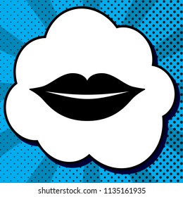 Lips sign illustration. Vector. Black icon in bubble on blue pop-art background with rays.