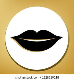 Lips sign illustration. Vector. Black icon with light brown shadow in white circle with shaped ring at golden background.