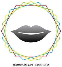 Lips sign illustration. Vector. Black icon with patch of light inside colorful hexagonal frames at white background.