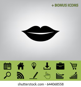 Lips sign illustration. Vector. Black icon at gray background with bonus icons at celery ones