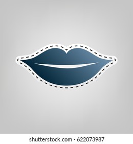 Lips sign illustration. Vector. Blue icon with outline for cutting out at gray background.
