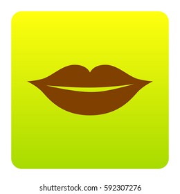 Lips sign illustration. Vector. Brown icon at green-yellow gradient square with rounded corners on white background. Isolated.