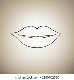 Lips sign illustration. Vector. Brush drawed black icon at light brown background.