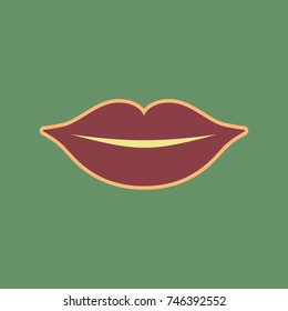 Lips sign illustration. Vector. Cordovan icon and mellow apricot halo with light khaki filled space at russian green background.