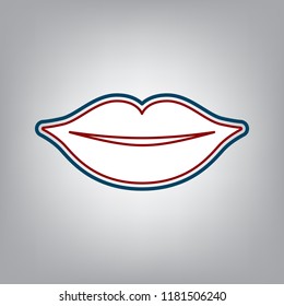 Lips sign illustration. Vector. Dark red, transparent and midnight green stroke of white icon at grayish background.