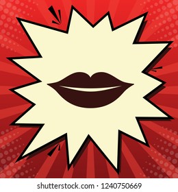Lips sign illustration. Vector. Dark red icon in lemon chiffon shutter bubble at red popart background with rays.