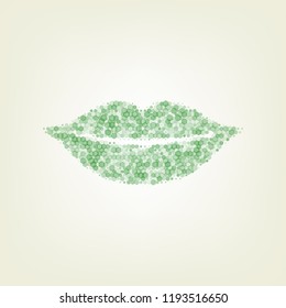 Lips sign illustration. Vector. Green hexagon rastered icon and noised opacity and size at light green background with central light.