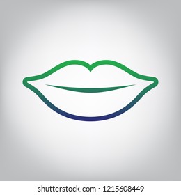 Lips sign illustration. Vector. Green to blue gradient contour icon at grayish background with light in center.