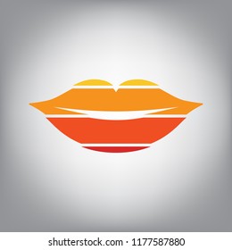 Lips sign illustration. Vector. Horizontally sliced icon with colors from sunny gradient in gray background.