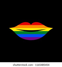 Lips sign illustration. Vector. Icon with colors of LGBT flag at black background.