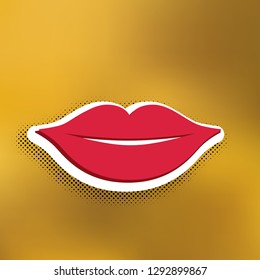 Lips sign illustration. Vector. Magenta icon with darker shadow, white sticker and black popart shadow on golden background.