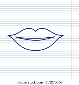 Lips sign illustration. Vector. Navy line icon on notebook paper as background with red line for field.