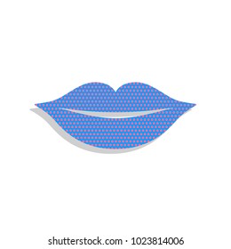 Lips sign illustration. Vector. Neon blue icon with cyclamen polka dots pattern with light gray shadow on white background. Isolated.