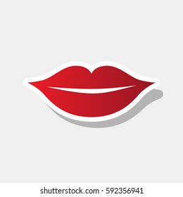 Lips sign illustration. Vector. New year reddish icon with outside stroke and gray shadow on light gray background.