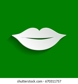 Lips sign illustration. Vector. Paper whitish icon with soft shadow on green background.