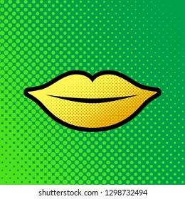 Lips sign illustration. Vector. Pop art orange to yellow dots-gradient icon with black contour at greenish background.