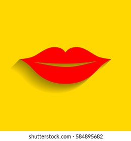 Lips sign illustration. Vector. Red icon with soft shadow on golden background.
