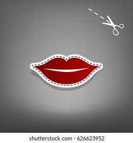 Lips sign illustration. Vector. Red icon with for applique from paper with shadow on gray background with scissors.