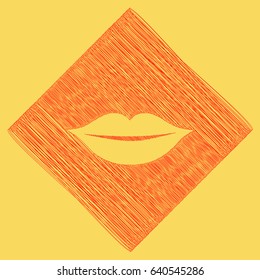 Lips sign illustration. Vector. Red scribble icon obtained as a result of subtraction rhomb and path. Royal yellow background.