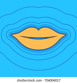 Lips sign illustration. Vector. Sand color icon with black contour and equidistant blue contours like field at sky blue background. Like waves on map - island in ocean or sea.