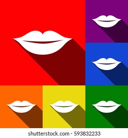 Lips sign illustration. Vector. Set of icons with flat shadows at red, orange, yellow, green, blue and violet background.