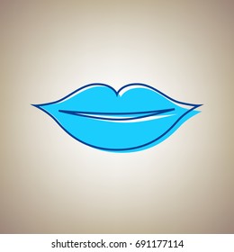 Lips sign illustration. Vector. Sky blue icon with defected blue contour on beige background.