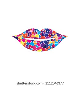 Lips sign illustration. Vector. Stained glass icon on white background. Colorful polygons. Isolated.