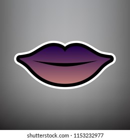 Lips sign illustration. Vector. Violet gradient icon with black and white linear edges at gray background.