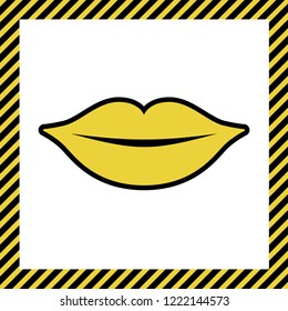 Lips sign illustration. Vector. Warm yellow icon with black contour in frame named as under construction at white background. Isolated.