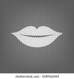 Lips sign illustration. Vector. White knitted icon on gray knitted background. Isolated.