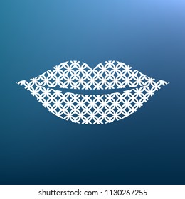 Lips sign illustration. Vector. White textured icon at lapis lazuli gradient background.
