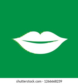 Lips sign illustration. Vector. White flat icon with yellow striped shadow at green background.